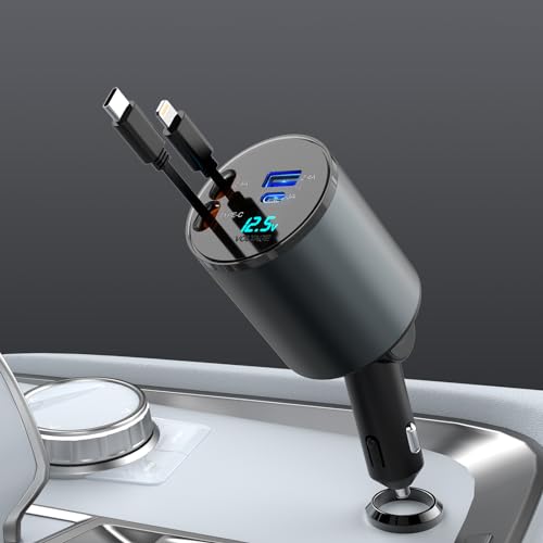 Multi Retractable Car Charger 4 in 1 Car Fast Charger 100W Retractable Cables (2.6FT) iPhone+Type C and 2 Charging Ports Compatible with iPhone 15/14/13/12/Pro Max Samsung Galaxy S23/S22/S20 Google